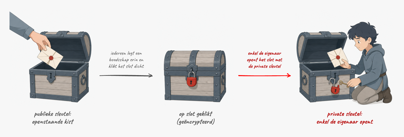 Publieke crypto als kist: iedereen kan de kist dichtklikken, enkel de eigenaar opent hem met de private sleutel.
