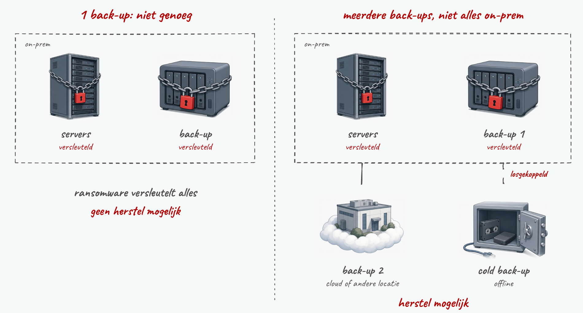 Eén back-up naast je servers is niet genoeg: meerdere back-ups, niet alles on-prem, en eentje offline.